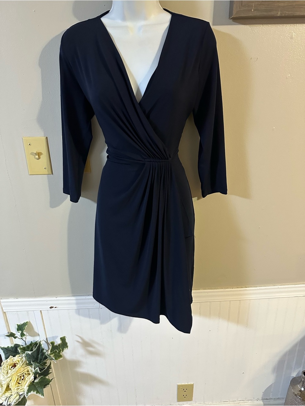 Michael Kors Navy Faux-Wrap Long Sleeve Dress